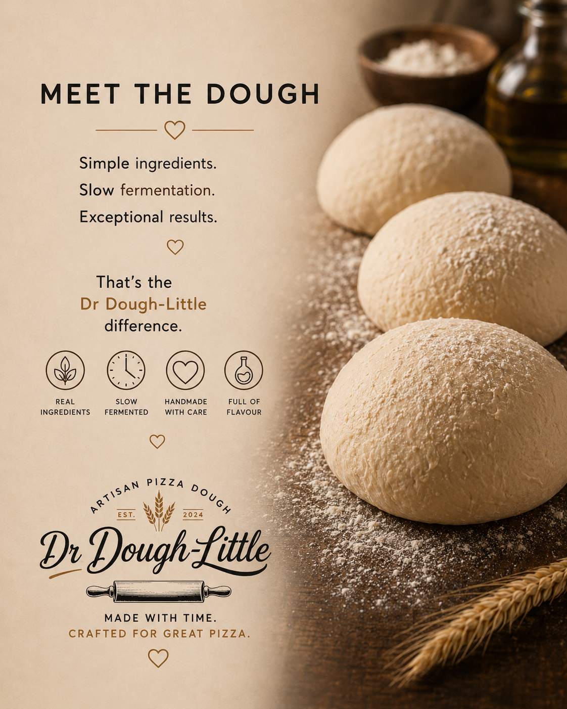 Fresh artisan pizza dough balls on a dark surface